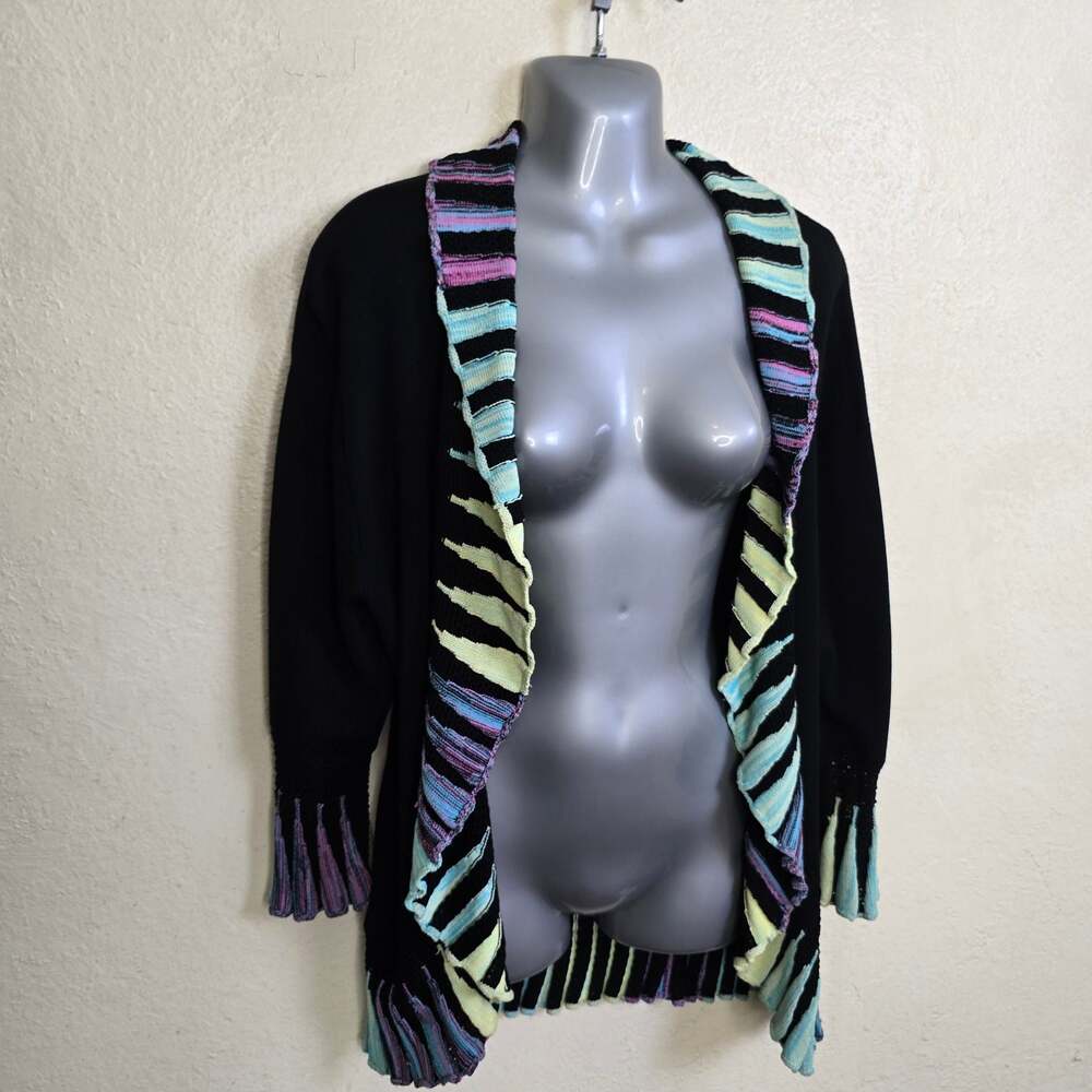The Pyramid Collection Black Multi-Color Ruffle Open Front Cardigan XL - Picture 7 of 8